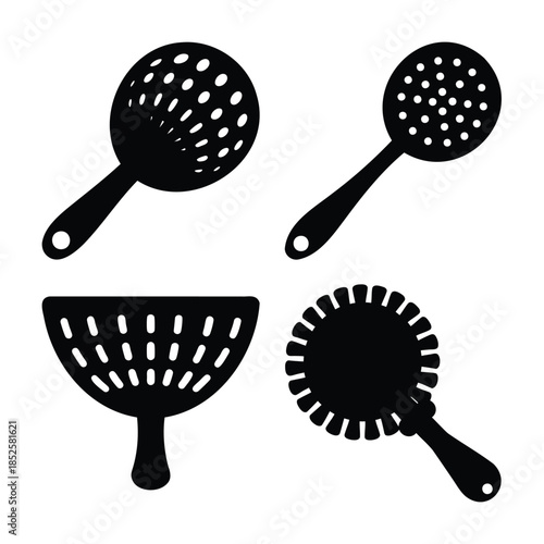Set of various kitchen skimmer and strainer utensils icons