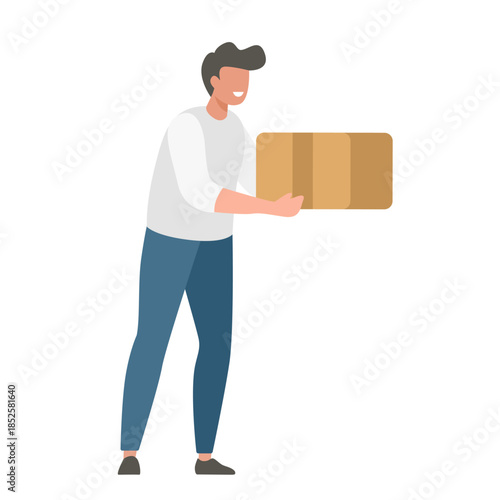 Delivery courier man vector isolated cut out modern design illustration, person character holding package box simple minimal, postman order shipment worker service image clip art