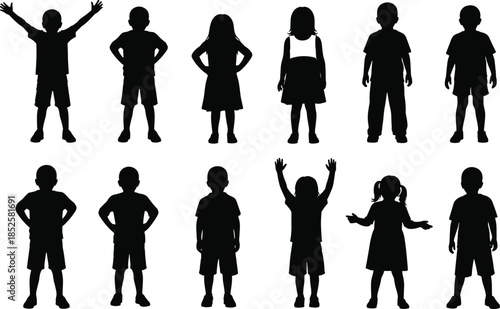 Silhouettes of children playing soccer on grass field and group of kids standing representing active childhood sports teamwork and recreation