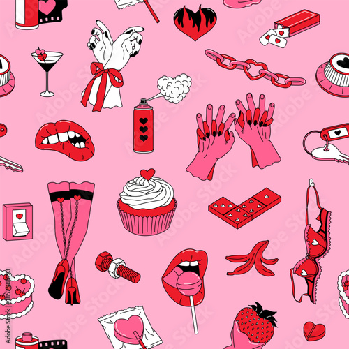 Hand drawn seamless pattern with romantic and sensuality elements. Vintage doodle background for Valentines Day and Love. Concept of passion, desire, intimate moment for print, wrapping paper, fabric