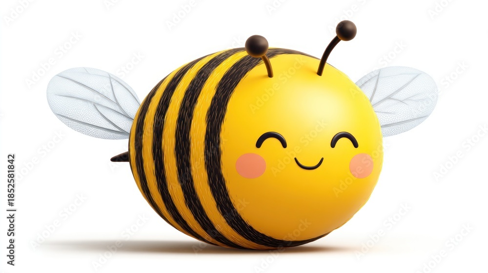 Obraz premium A cheerful, chubby cartoon bee with a sweet smile and blush, floating in soft light