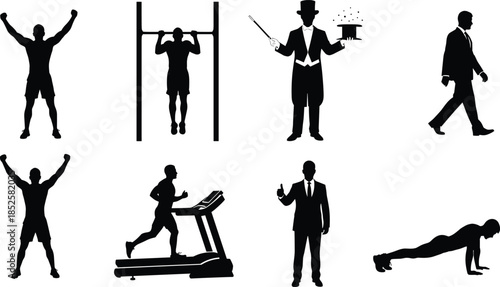 Silhouettes of people, fitness activities, magician performance, treadmill running, push‑ups, victory pose, business suit, professional gesture, diverse human actions
