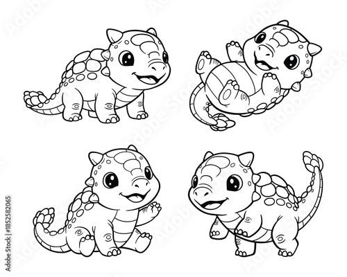 Cute Baby Ankylosaurus Dinosaur Coloring Page Set for Kids, Vector Illustration