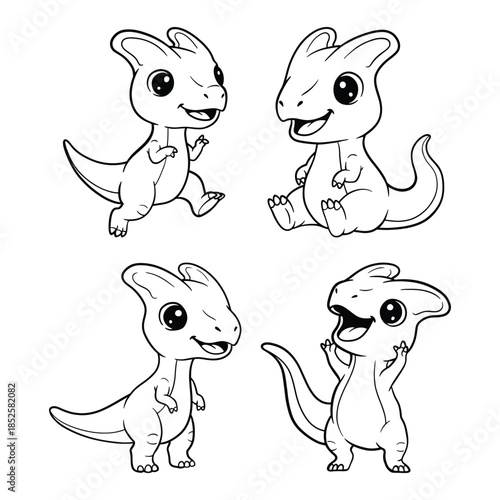 Cute Baby Dinosaur Coloring Page Set, Hand Drawn Vector Illustration 