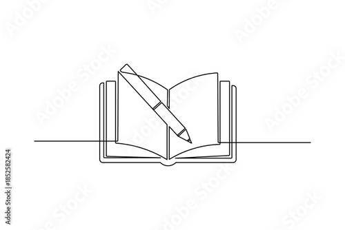 Minimalist continuous line art of a pen on an open book for writing and journalism concept