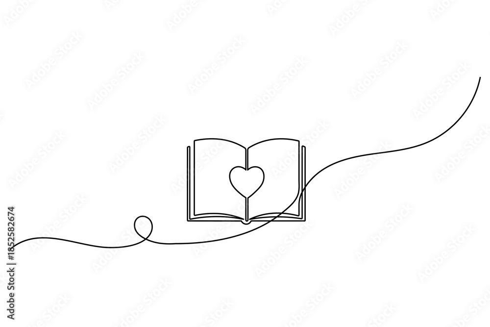 Obraz premium Continuous line drawing of a heart on an open book for love of reading and literature concept