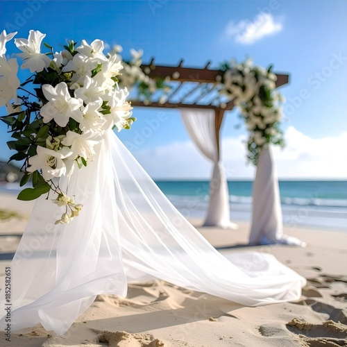 Beach wedding ceremony arch draped with white fabric and flowers