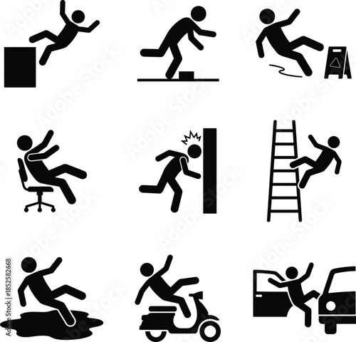 Collection of pictograms illustrating various accident scenarios and safety warnings