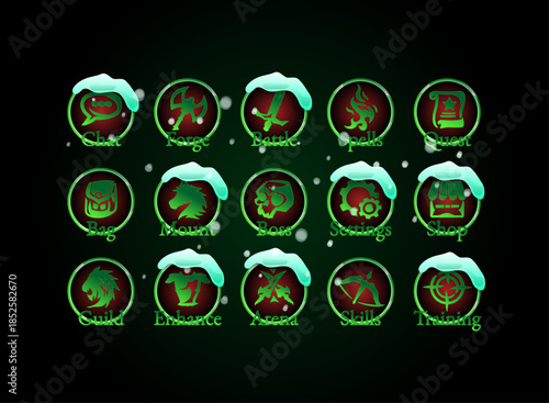 christmas winter game ui menu icons snow frosty fantasy rpg interface buttons green red dark hud elements
