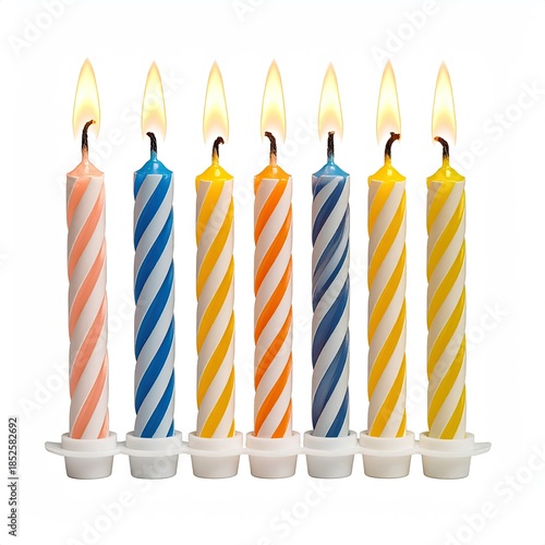 Seven birthday candles, striped in pastel colors, lit
