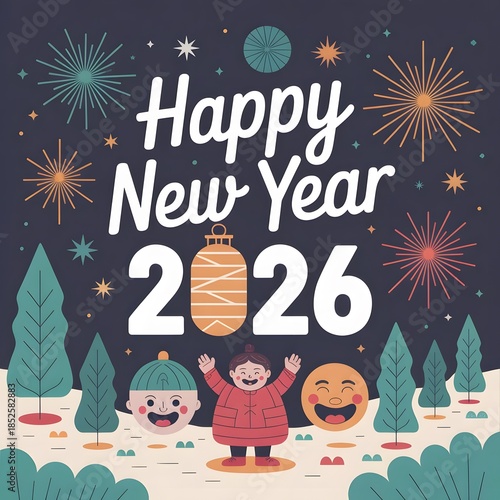 Happy New Year 2026 celebration with cartoon characters and fireworks in a winter wonderland scene