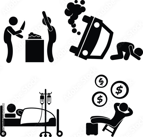 Pictograms depicting life events and financial situations