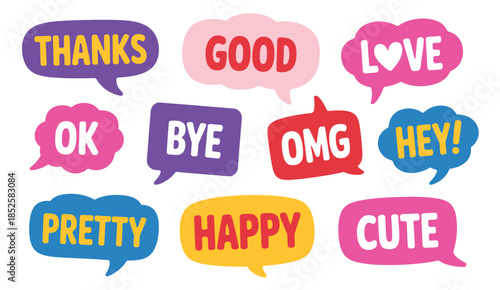 Chat message speech bubbles vector collection featuring social media communication icons, dialogue clouds, texting symbols, online messaging graphics