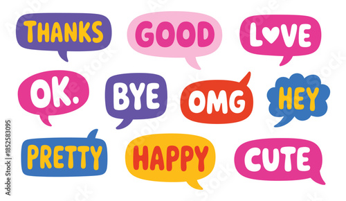 Chat bubbles icons set for social media, messaging, and communication apps, including speech clouds, message icons, notification symbols