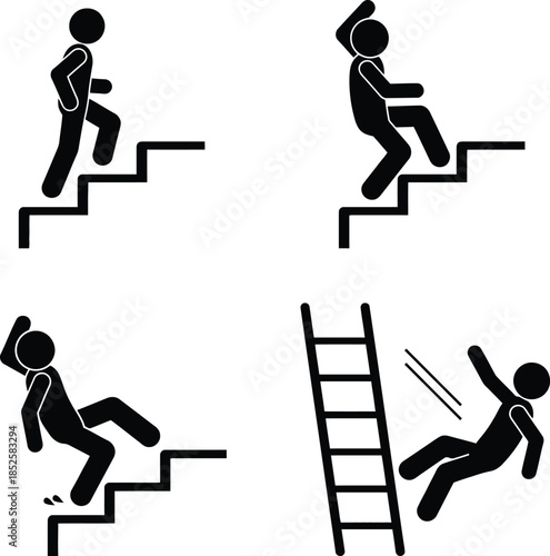 Stick figures illustrating safe use and various fall hazards on stairs and ladders