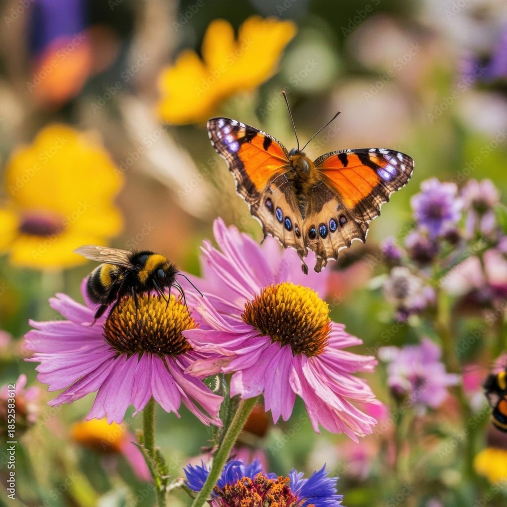 Naklejka premium Aglais urticae butterfly on purple coneflower flowers