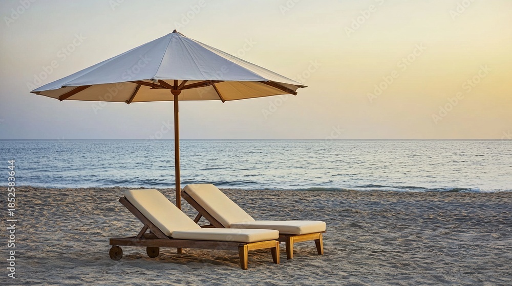 Obraz premium chaise. A luxurious chaise lounge on a sandy beach under an umbrella, capturing the essence of a coastal vacation during golden hour. tourism brochures.