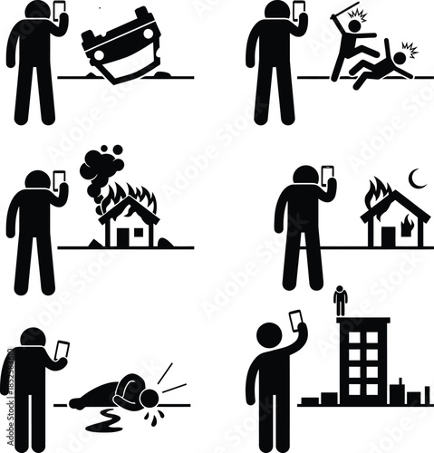 A critique of social media and bystander apathy, illustrating people filming emergencies instead of helping