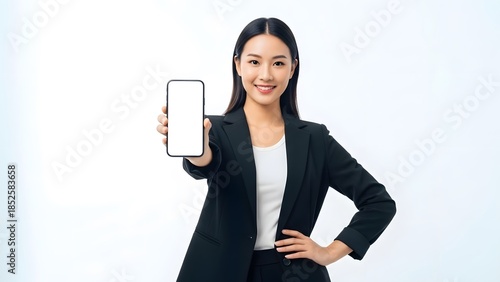 Confident Asian businesswoman in black suit holding smartphone with blank screen for advertising or technology concept