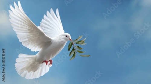 Flying dove with olive branch on blue
