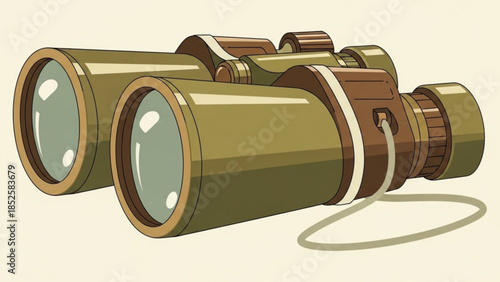 Vintage Binoculars with Olive Green and Brown Details Isolated on Light Background Illustration