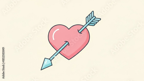 Pink Heart Pierced by Blue Arrow Isolated on Light Background Cartoon Vector Illustration