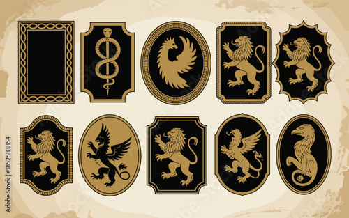 Vintage heraldic symbols with lions griffins and caduceus on black and gold shields
