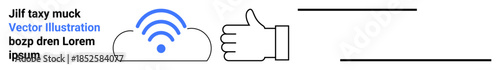 Digital storage, online communication, social media approval, cloud services, wireless networking, technology support. Cloud with wireless symbol and thumbs-up icon. Digital storage and online