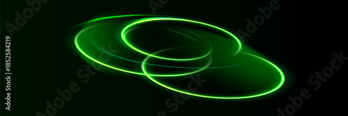 Green shiny sparks of spiral wave. Curved bright speed line swirls. Shiny wavy path. Rotating dynamic neon circle. Magic golden swirl with highlights.