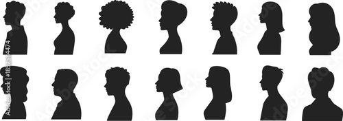 Human head silhouettes, hairstyle profile icons, black vector design, diverse character shapes, isolated style, side view concept, artistic identity set