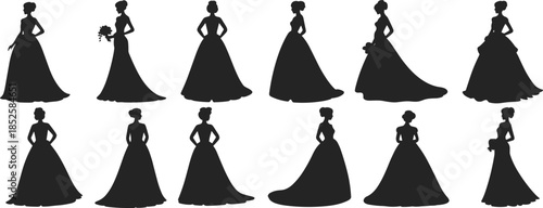 Bridal gown silhouettes, wedding dress icons, elegant female figures, black vector illustration, bouquet poses, fashion design, isolated style, formal wear