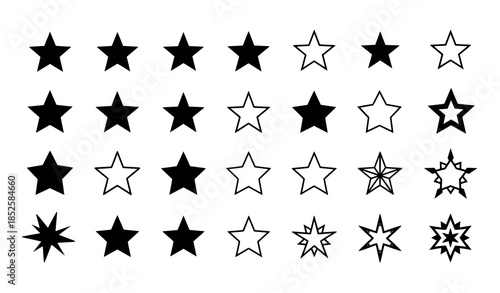 Black star icon collection with different star shapes isolated on white background