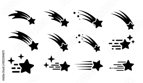 Falling and shooting star black vector icon set with motion symbols