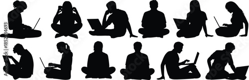 Seated silhouette figures, laptop users, tablet interaction, digital posture icons, black vector illustration, casual tech pose, isolated design, working character set