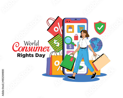 World Consumer Rights Day, shopping symbol with hand rights design for banner, poster, vector illustration.