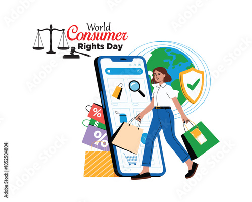 World Consumer Rights Day, shopping symbol with hand rights design for banner, poster, vector illustration.