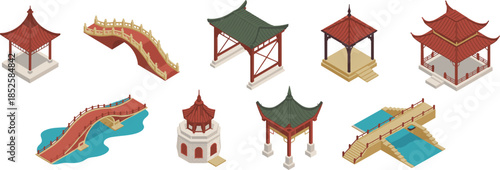 Traditional East Asian architecture, isometric pavilion icons, ornate bridge designs, classical roof styles, cultural landmark vector, red green structure, isolated illustration