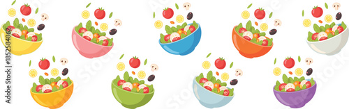 Colorful salad bowl illustrations, fresh vegetable icons, healthy food design, floating ingredients, cartoon style, vector kitchen set, isolated nutrition concept