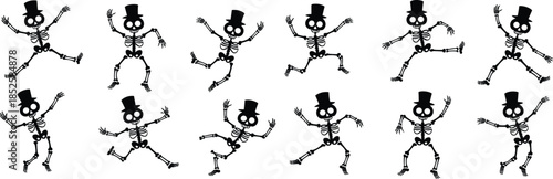Dancing skeleton silhouettes, cartoon bone figures, top hat characters, Halloween icons, black vector illustration, spooky pose, festive undead design, isolated style