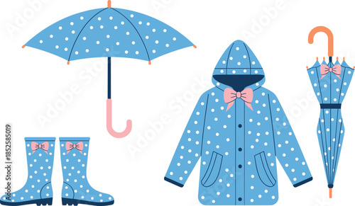 Rain gear illustration set, polka dot fashion icons, umbrella boot coat vector, stylish waterproof outfit design, isolated accessories, seasonal wear concept