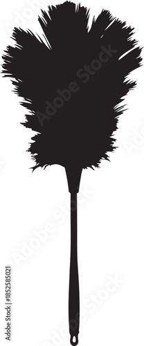 A striking silhouette of a black feather duster showcasing its fluffy head and long handle against a white background