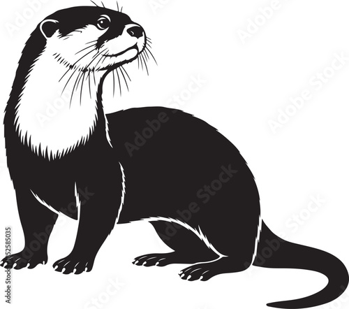 A striking black and white illustration depicts a sleek otter in a poised observant stance facing right