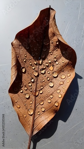 Dried brown leaf with clear water droplets on a grey surface with hard shadows.
