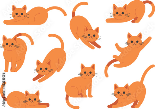 Cartoon orange cat illustrations, playful feline poses, cute pet icons, vector animal design, relaxed character set, isolated style, expressive behavior