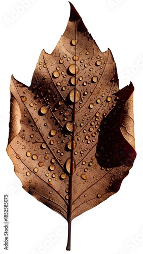 A brown dried leaf covered in water drops isolated on a white background