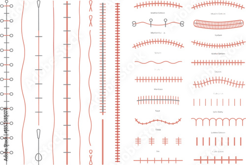 Medical suture pattern illustrations, surgical stitching techniques, wound closure icons, black vector design, educational chart, isolated style, healthcare training concept
