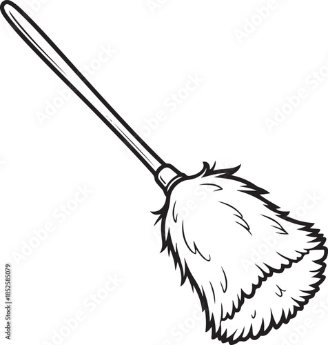 A simple black and white illustration depicts a feather duster with a long handle angled diagonally