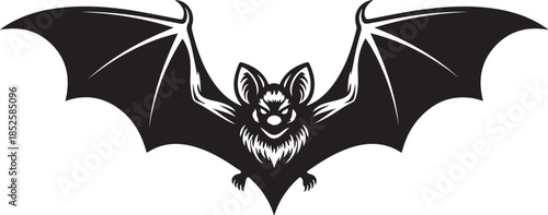 A striking black and white illustration of a bat with outstretched wings detailed facial features and pointed ears