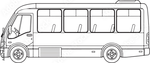 a simple black and white outline drawing of a passenger minibus with large windows and wheels