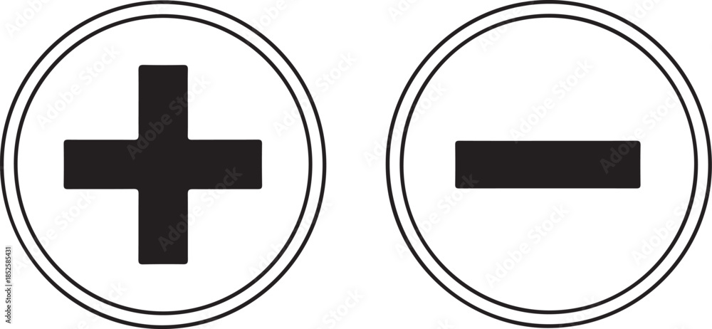 Obraz premium Two circular signs are displayed one features a black plus symbol the other a black minus symbol